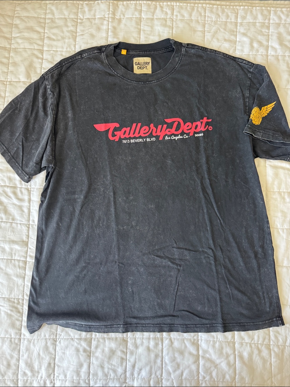 Gallery Dept Black Short-Sleeve Tee with Red Script and Yellow Wing